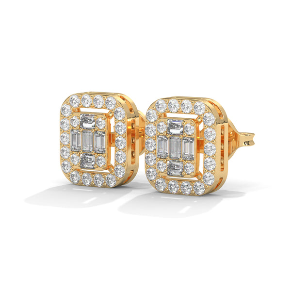 Double Halo Baguette cut Lab Grown Diamond Gold Earrings