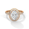 “Oval halo diamond ring in rose gold—radiantbrilliance, pavé-band sparkle, and modern luxurycrafted for timeless love and unforgettableelegance.”