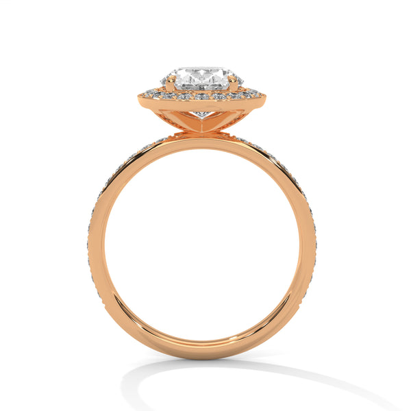 “Oval halo diamond ring in rose gold—radiantbrilliance, pavé-band sparkle, and modern luxurycrafted for timeless love and unforgettableelegance.”