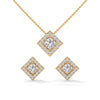 A striking rose gold jewelry set featuring square princess-cut diamonds framed in radiant round halos, combining sharp sophistication with brilliant sparkle.