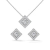 A striking rose gold jewelry set featuring square princess-cut diamonds framed in radiant round halos, combining sharp sophistication with brilliant sparkle.