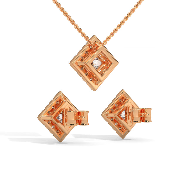 A striking rose gold jewelry set featuring square princess-cut diamonds framed in radiant round halos, combining sharp sophistication with brilliant sparkle.