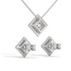 A striking rose gold jewelry set featuring square princess-cut diamonds framed in radiant round halos, combining sharp sophistication with brilliant sparkle.