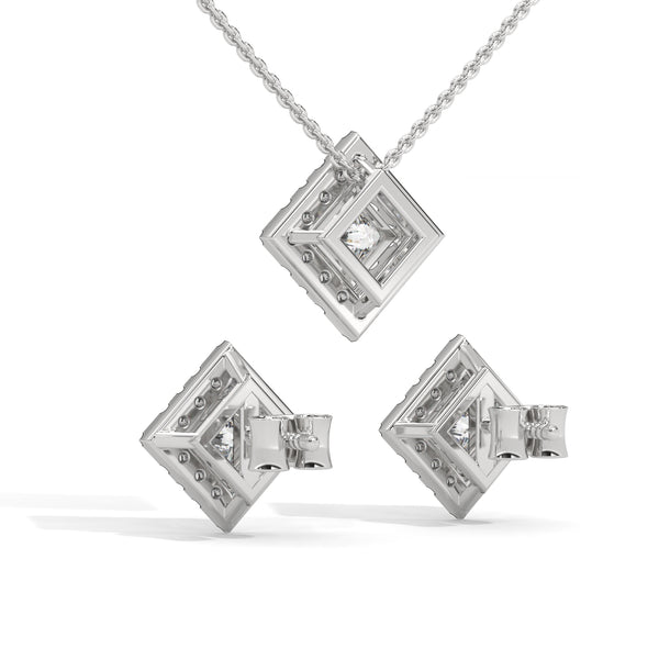 A striking rose gold jewelry set featuring square princess-cut diamonds framed in radiant round halos, combining sharp sophistication with brilliant sparkle.