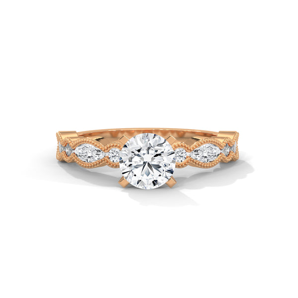 A rose gold solitaire with milgrain detailing and alternating marquise and round diamonds, capturing timeless elegance with every glance.