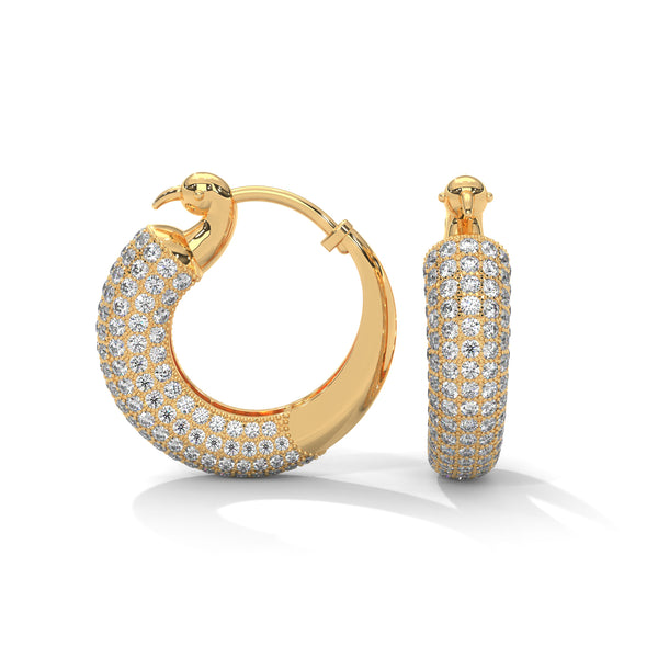 Bold gold hoop earrings encrusted with brilliant pavé diamonds and crowned with fierce panther heads.