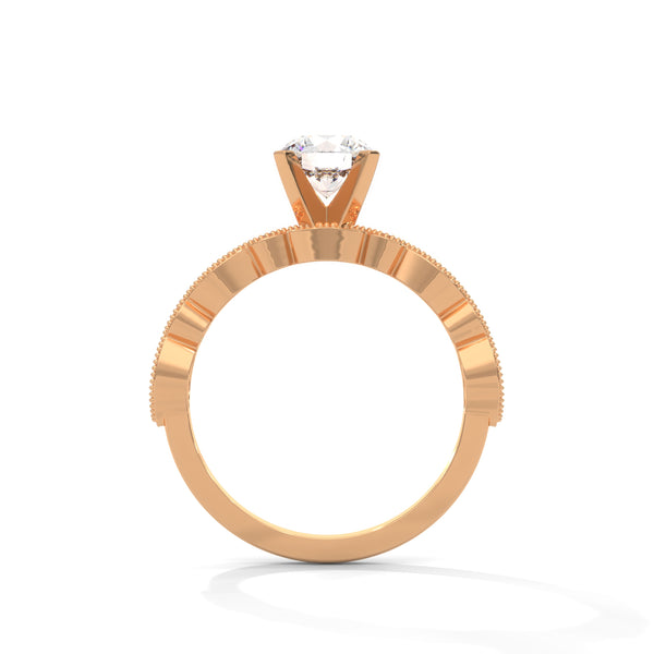 A rose gold solitaire with milgrain detailing and alternating marquise and round diamonds, capturing timeless elegance with every glance.