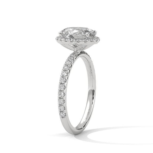 An elegant oval lab-grown diamond encased in a radiant halo — graceful, elongated beauty that sparkles endlessly.