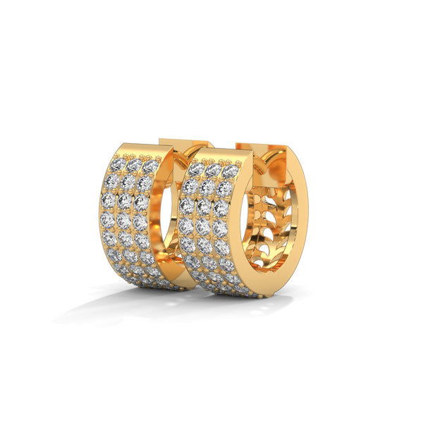 Elegant yellow gold huggie earrings adorned with three radiant rows of dazzling diamonds.