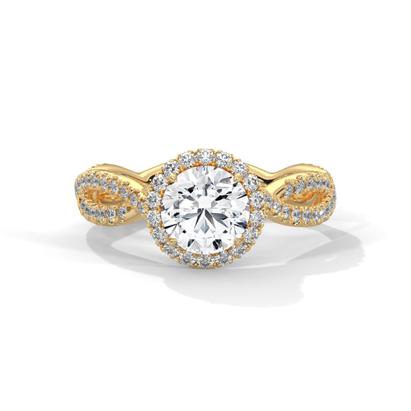 “Seraphina Ring—round-diamond brilliance, radiant halo sparkle, and intertwined pavé elegance crafted to symbolize timeless love, romantic beauty, and everlasting commitment.”