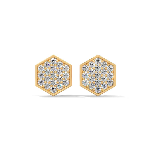 Inspired by nature’s geometry, these hexagon-shaped yellow gold studs shimmer with a full pavé of brilliant-cut diamonds.