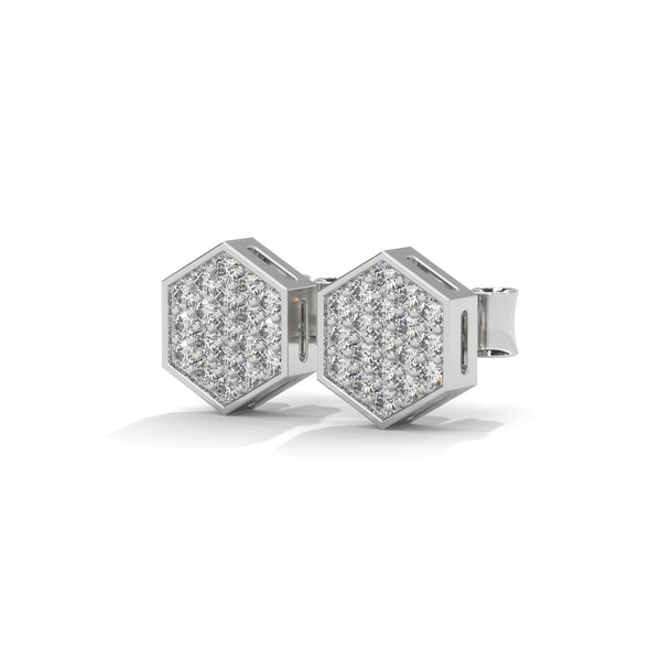 Inspired by nature’s geometry, these hexagon-shaped yellow gold studs shimmer with a full pavé of brilliant-cut diamonds.