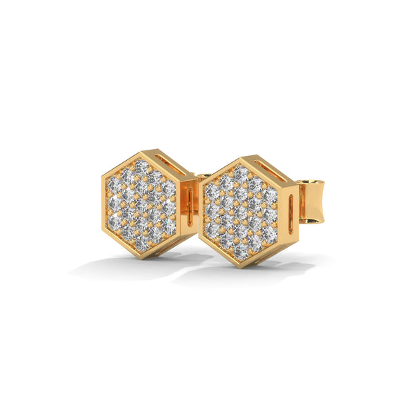 Inspired by nature’s geometry, these hexagon-shaped yellow gold studs shimmer with a full pavé of brilliant-cut diamonds.