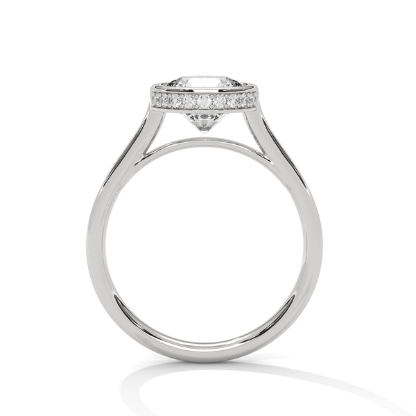 Round Cut Lab Grown Diamond Bezel Halo Gold Ring