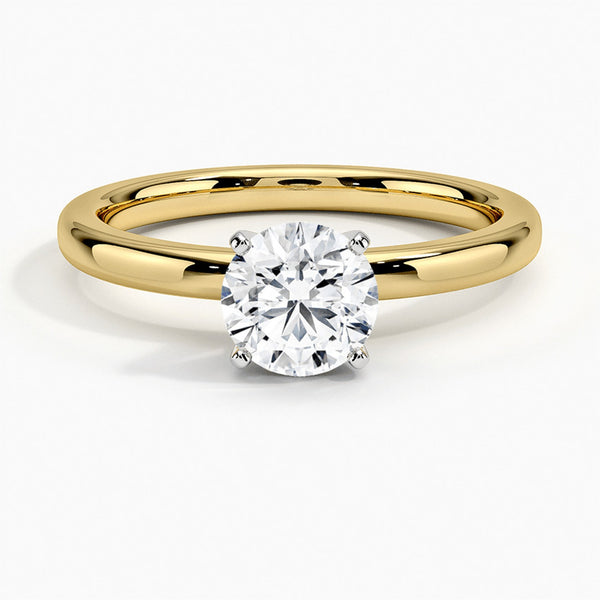 A sleek and modern solitaire ring featuring a round brilliant diamond in a classic four-prong setting atop a refined white gold band.