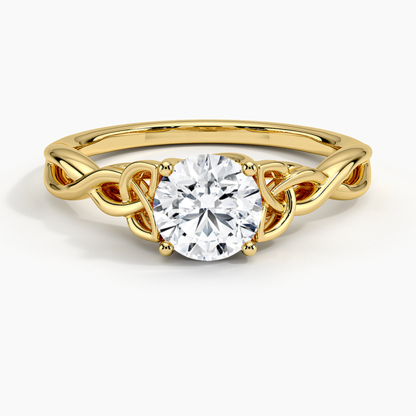 A round brilliant solitaire embraced by an intricate vine-inspired setting, intertwining elegance and organic artistry.