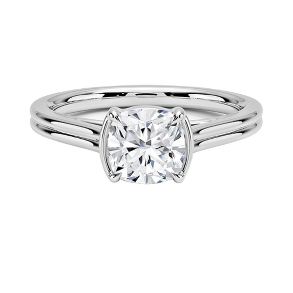 A sleek cathedral-style ring with split shoulders that elegantly lift the diamond in a graceful arc.