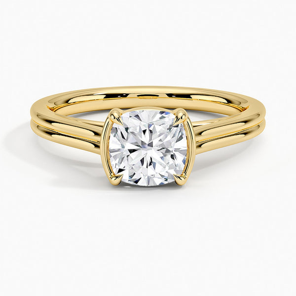 A sleek cathedral-style ring with split shoulders that elegantly lift the diamond in a graceful arc.