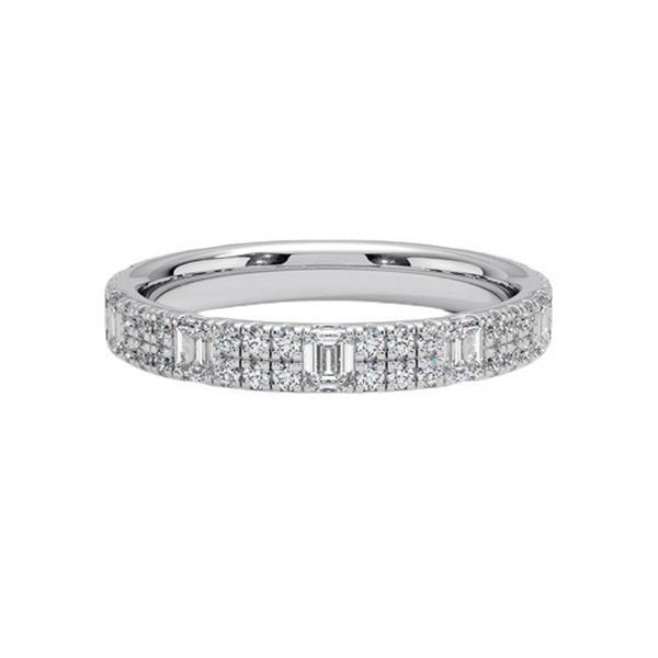 Radiate timeless elegance with this yellow-gold diamond band, featuring brilliant round and baguette stones for a luxurious, sparkling statement of everlasting love.