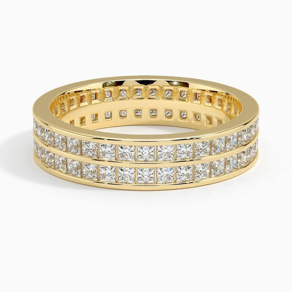 "Luxury double-row princess cut diamond eternity ring crafted in radiant yellow gold, delivering timeless sparkle, bold brilliance, and premium statement elegance."