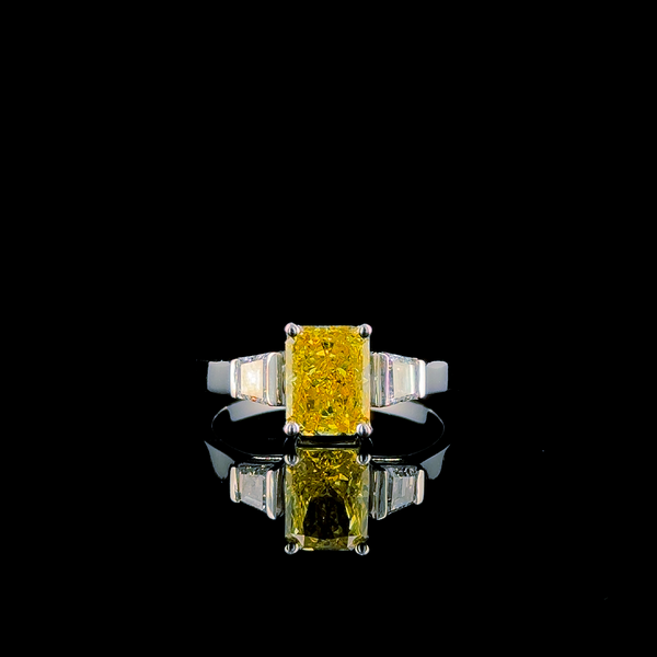 Radiant-cut yellow diamond three-stone ring with tapered baguette side stones (1.88 ct. tw.) 14kt White Gold