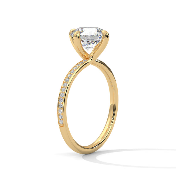 “Celeste Ring—round brilliant diamond beauty, four-prong tulip elegance, and refined pavé sparkle crafted to symbolize timeless love, radiant grace, and everlasting sophistication.”