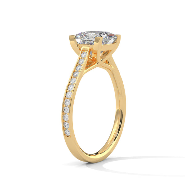 “Aria Ring—princess-cut diamond brilliance, sleek four-prong elegance, and pavé-band sparkle crafted to symbolize modern beauty, timeless love, and unforgettable moments.”
