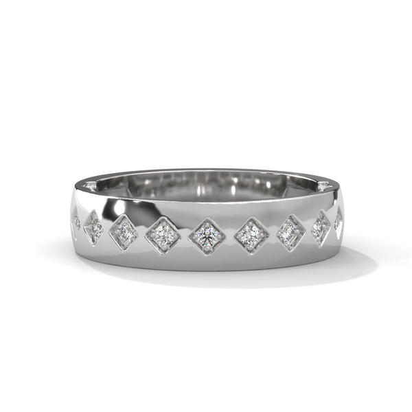 “A bold gold diamond band featuring intricate geometric detailing and sparkling brilliance, crafted for timeless elegance and standout everyday luxury.”.