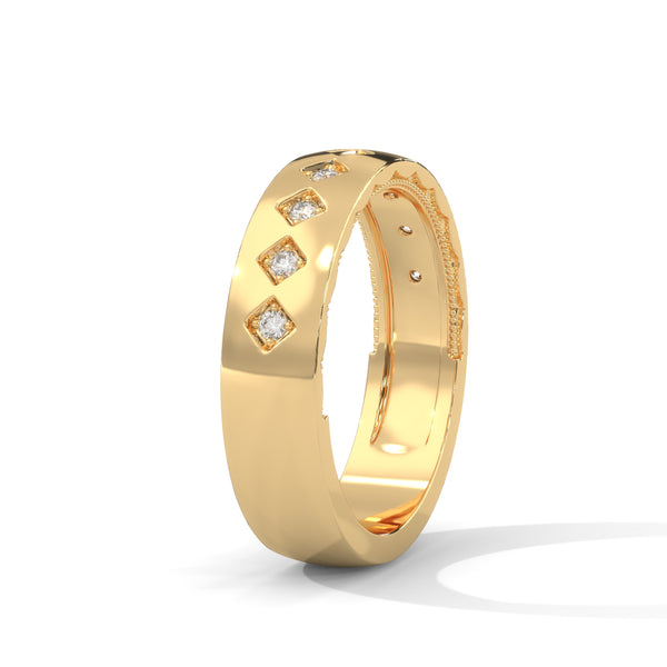 “A bold gold diamond band featuring intricate geometric detailing and sparkling brilliance, crafted for timeless elegance and standout everyday luxury.”.