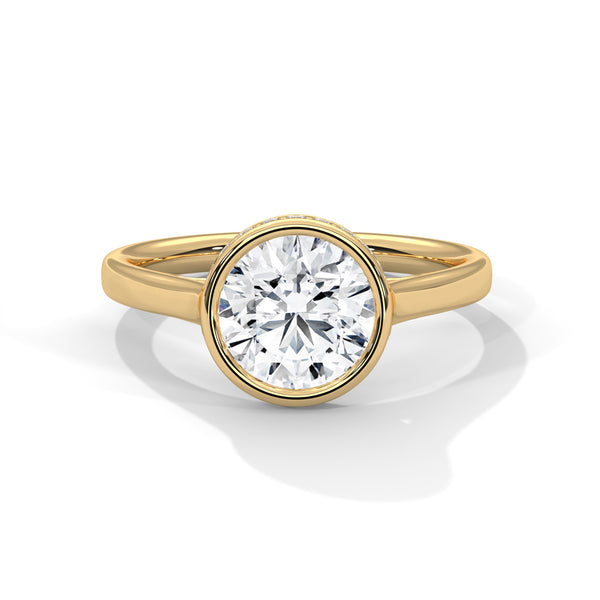 Round Cut Lab Grown Diamond Bezel Halo Gold Ring