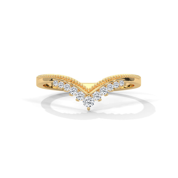 V-shaped gold band with row of round-cut lab grown diamonds