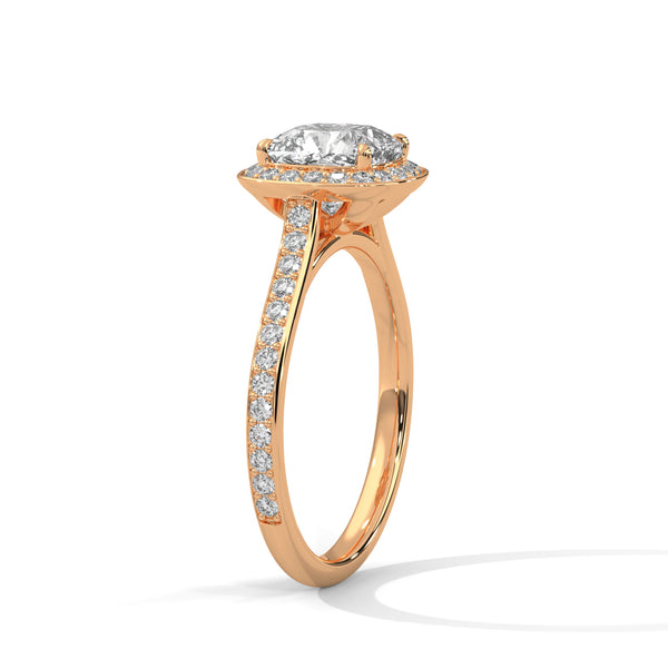 A dazzling cushion-cut lab-grown diamond encircled by a radiant halo and pavé band — timeless elegance with a modern soul.