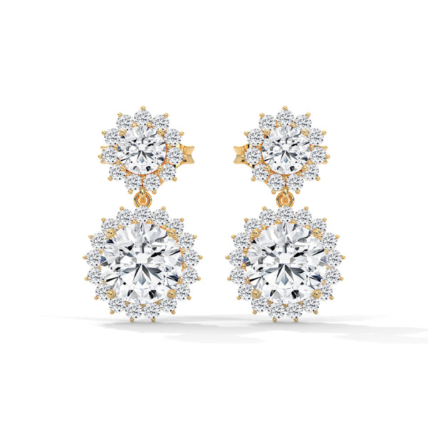Twilight Bloom Double Halo Lab Grown Round Diamond Gold Drop Earrings