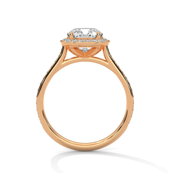 A dazzling cushion-cut lab-grown diamond encircled by a radiant halo and pavé band — timeless elegance with a modern soul.