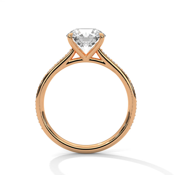 “Rose-gold round diamond solitaire—brilliantsparkle, pavé-band elegance, and timeless luxurycrafted for everlasting love and unforgettablemoments.”