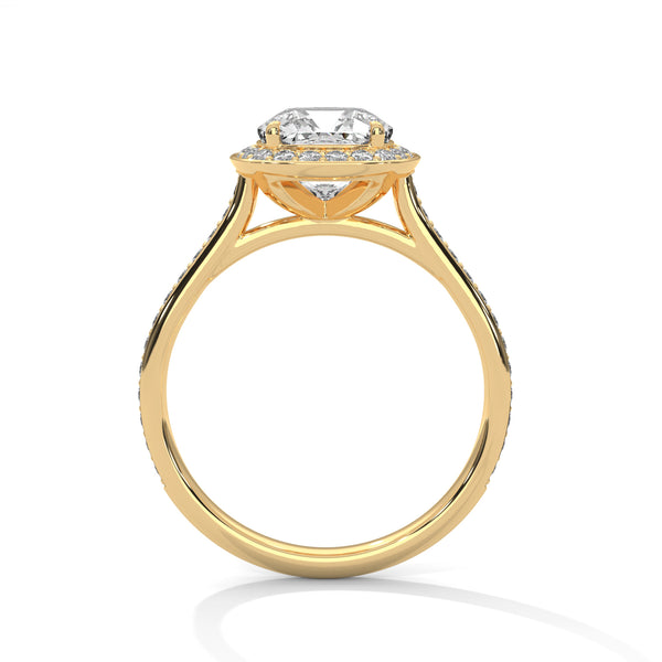 A dazzling cushion-cut lab-grown diamond encircled by a radiant halo and pavé band — timeless elegance with a modern soul.
