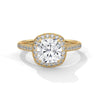 A dazzling cushion-cut lab-grown diamond encircled by a radiant halo and pavé band — timeless elegance with a modern soul.