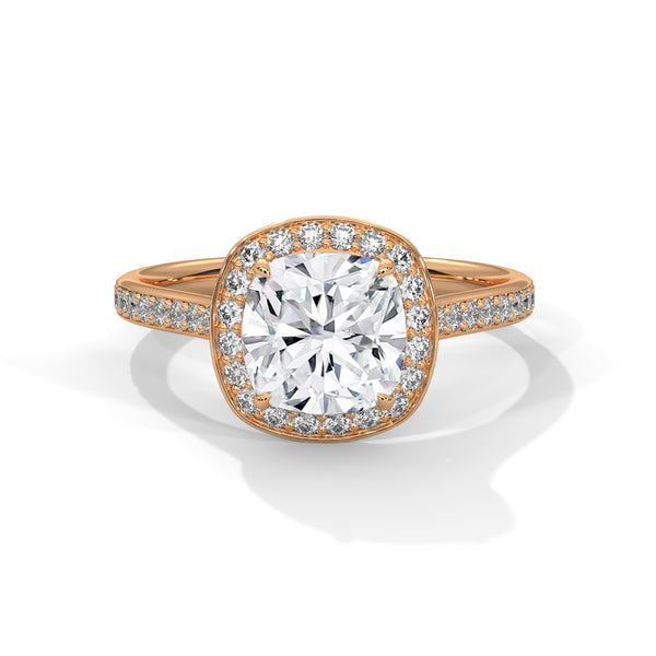 A dazzling cushion-cut lab-grown diamond encircled by a radiant halo and pavé band — timeless elegance with a modern soul.