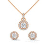 A dazzling rose gold pendant and earring set with shimmering round-cut diamonds encircled by a radiant halo, capturing elegance in every sparkle.
