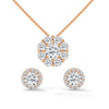 A captivating rose gold pendant and stud earring set featuring dazzling round-cut diamonds arranged in a blooming floral cluster for maximum sparkle and charm.
