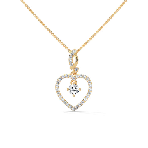 Celebrate love with the Eternal Embrace Heart Pendant, where a sparkling solitaire is cradled within a diamond-studded golden heart.