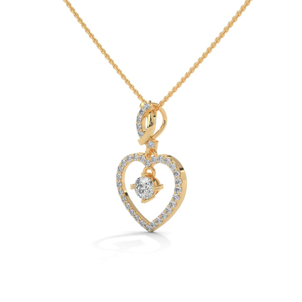 Celebrate love with the Eternal Embrace Heart Pendant, where a sparkling solitaire is cradled within a diamond-studded golden heart.