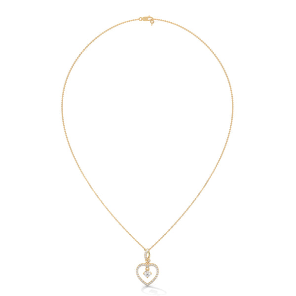 Celebrate love with the Eternal Embrace Heart Pendant, where a sparkling solitaire is cradled within a diamond-studded golden heart.