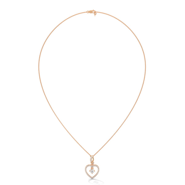 Celebrate love with the Eternal Embrace Heart Pendant, where a sparkling solitaire is cradled within a diamond-studded golden heart.