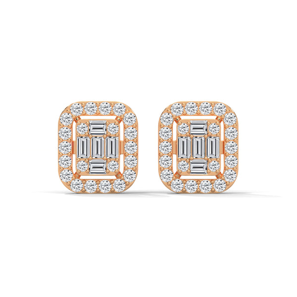 Double Halo Baguette cut Lab Grown Diamond Gold Earrings