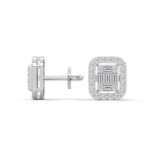 Double Halo Baguette cut Lab Grown Diamond Gold Earrings