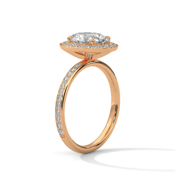 “Oval halo diamond ring in rose gold—radiantbrilliance, pavé-band sparkle, and modern luxurycrafted for timeless love and unforgettableelegance.”
