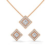 A striking rose gold jewelry set featuring square princess-cut diamonds framed in radiant round halos, combining sharp sophistication with brilliant sparkle.