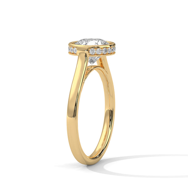 Round Cut Lab Grown Diamond Bezel Halo Gold Ring