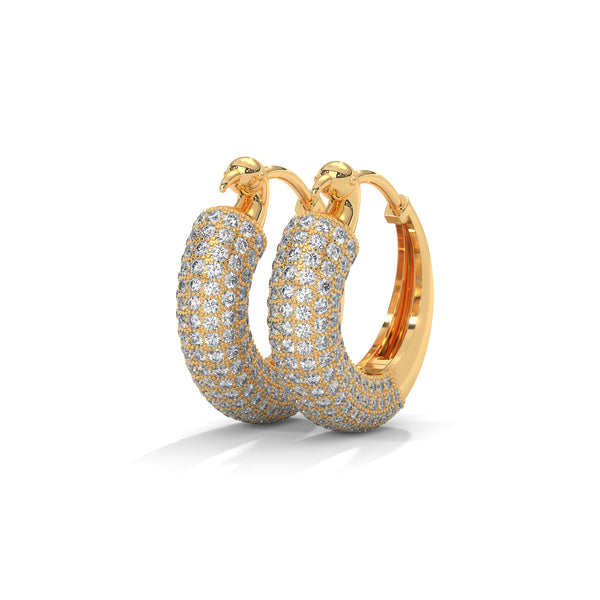 Bold gold hoop earrings encrusted with brilliant pavé diamonds and crowned with fierce panther heads.